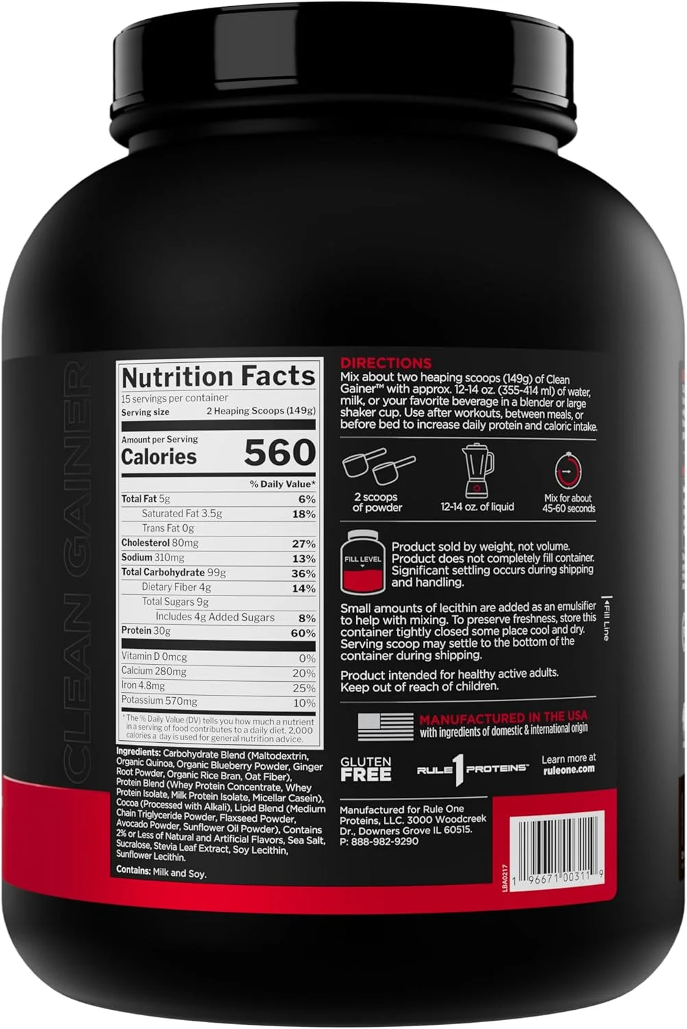 Rule1 1 Clean Gainer | High Protein Lean Gainer | 3:1 Carbohydrate to Protein Formula | Chocolate Fudge | 15 Servings | 2.24kg
