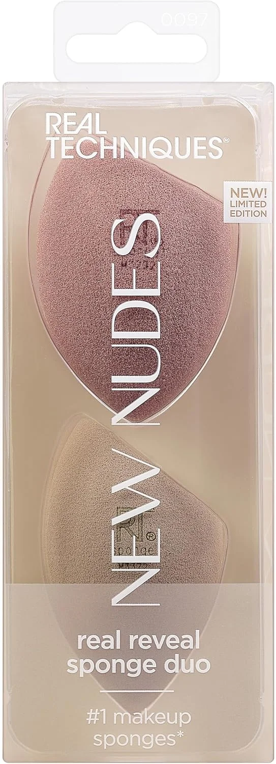 Real Techniques New Nudes Real Reveal Sponge Duo, Makeup Blending Sponges For Foundation, For Dewy Or Matte Makeup, Offers Light, Medium, Or Full Coverage, Latex-Free Foam, 2 Piece Set