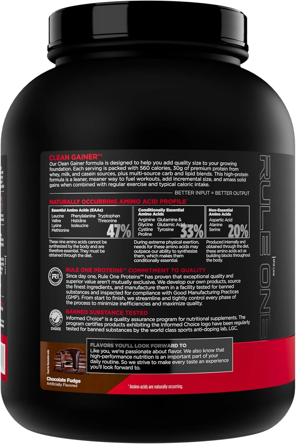 Rule1 1 Clean Gainer | High Protein Lean Gainer | 3:1 Carbohydrate to Protein Formula | Chocolate Fudge | 15 Servings | 2.24kg