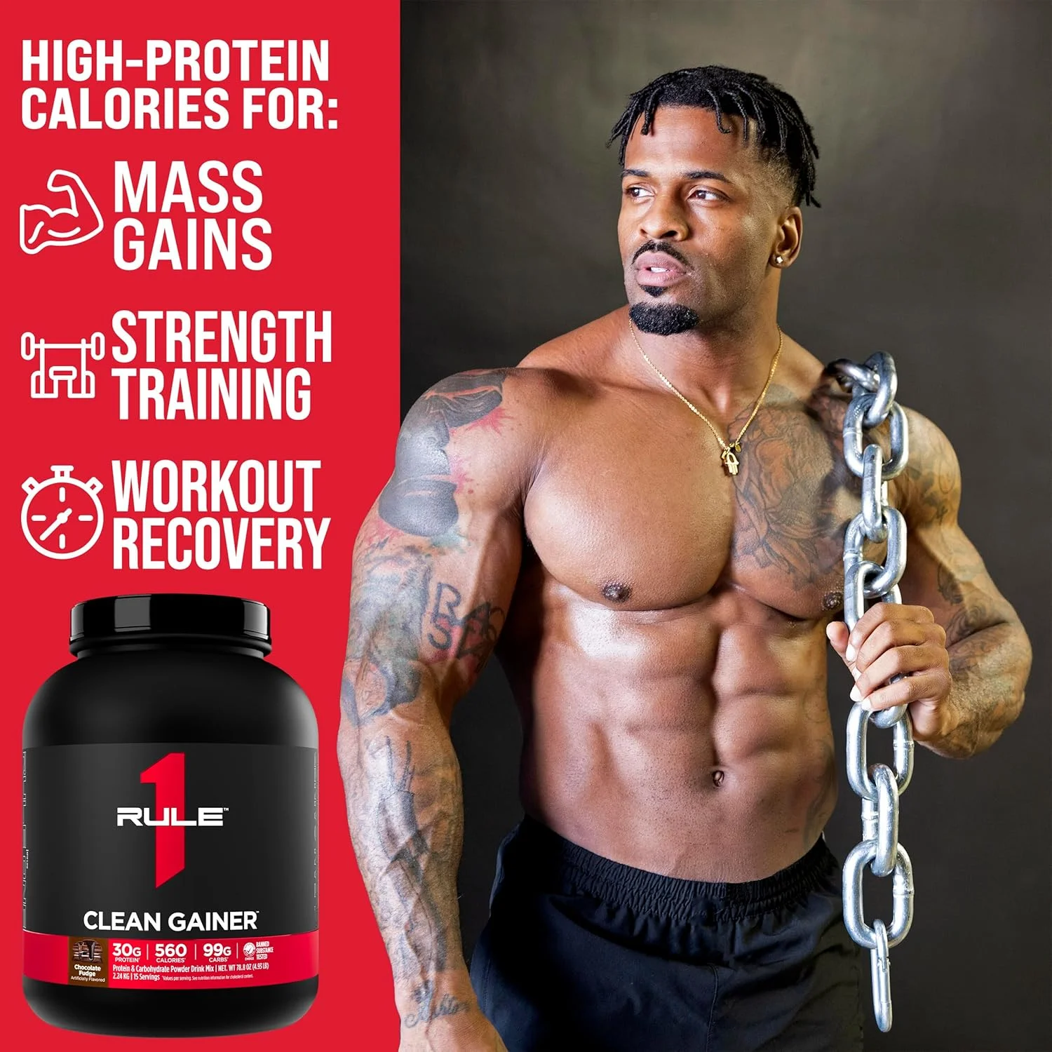 Rule1 1 Clean Gainer | High Protein Lean Gainer | 3:1 Carbohydrate to Protein Formula | Chocolate Fudge | 15 Servings | 2.24kg