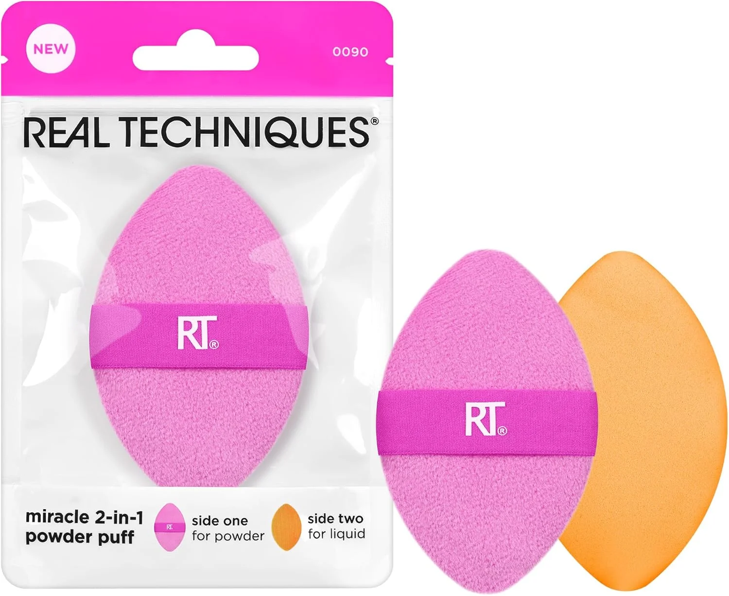 پد پودری دو طرفه Real Techniques Miracle 2-In-1، پد ترکیب آرایش دو طرفه، نوار الاستیک برگشت پذیر، اسفنج آرایشی دقیق و پد پودری، برای محصولات مایع، کرمی و پودری، 1 عدد