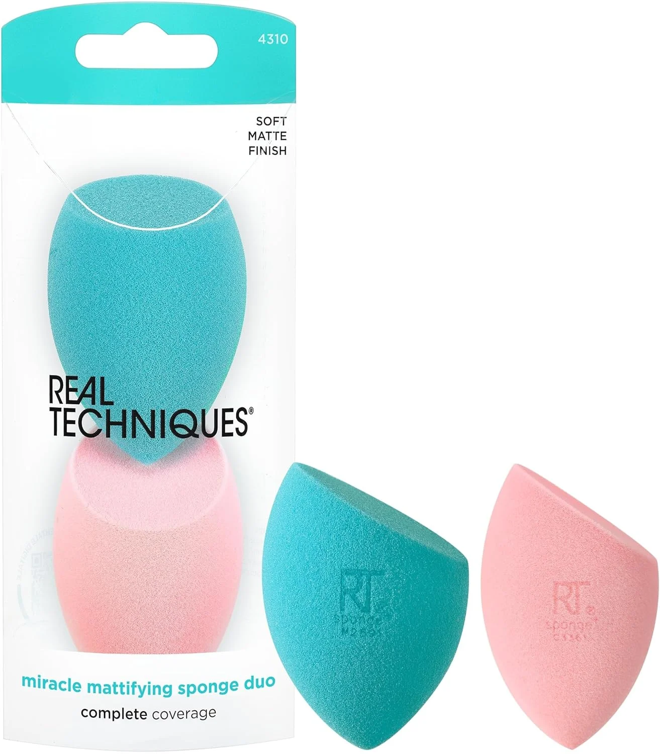ست دوتایی اسفنج آرایشی مات کننده Real Techniques Miracle، برای پوشش متوسط تا کامل با ظاهری مات و بی نقص، مناسب برای پخش کردن کرم پودر و پودر آرایشی، آبی و صورتی، 2 عدد