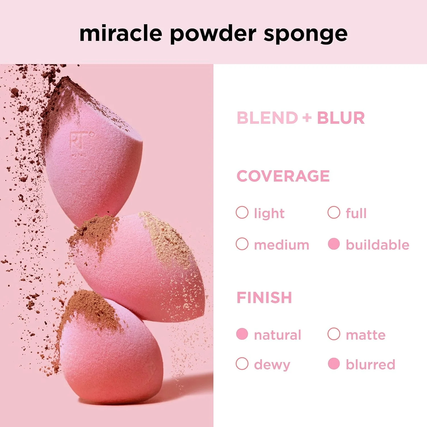 ست دوتایی اسفنج آرایشی مات کننده Real Techniques Miracle، برای پوشش متوسط تا کامل با ظاهری مات و بی نقص، مناسب برای پخش کردن کرم پودر و پودر آرایشی، آبی و صورتی، 2 عدد