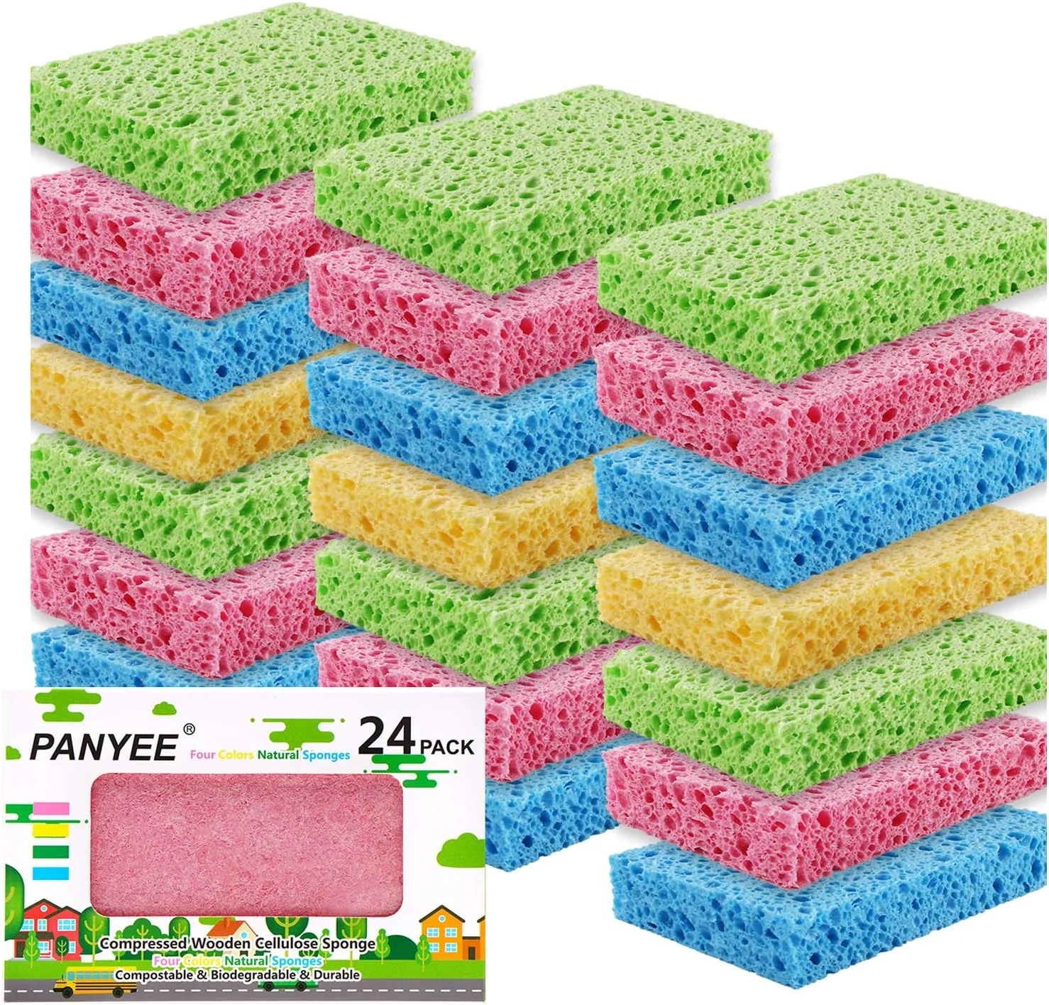 پدهای اسفنجی فشرده سلولزی آشپزخانه PANYEE، بسته 24 عددی، اسکراب اسفنجی طبیعی و غیر خش دار زیست تخریب پذیر برای شستشوی ظروف، اسفنج رنگارنگ و سرگرم کننده برای کاردستی کودکان
