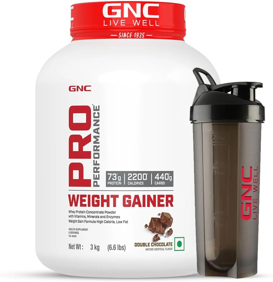 GNC Pro Performance افزایش دهنده وزن و شیکر مشکی (دابل شکلات، 3 کیلوگرم با شیکر)