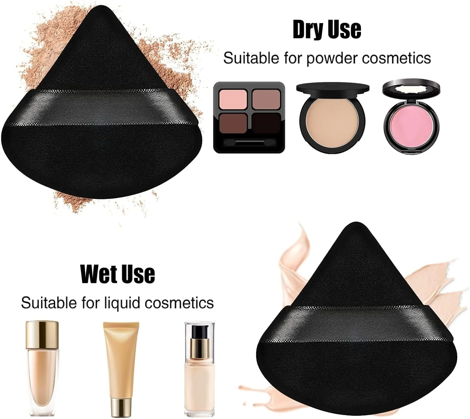 پدهای آرایشی پودری مثلثی 6 عددی مناسب پودر فیکس و پودر شل، پد مخملی کرم پودر، ابزار آرایشی مشکی و سفید