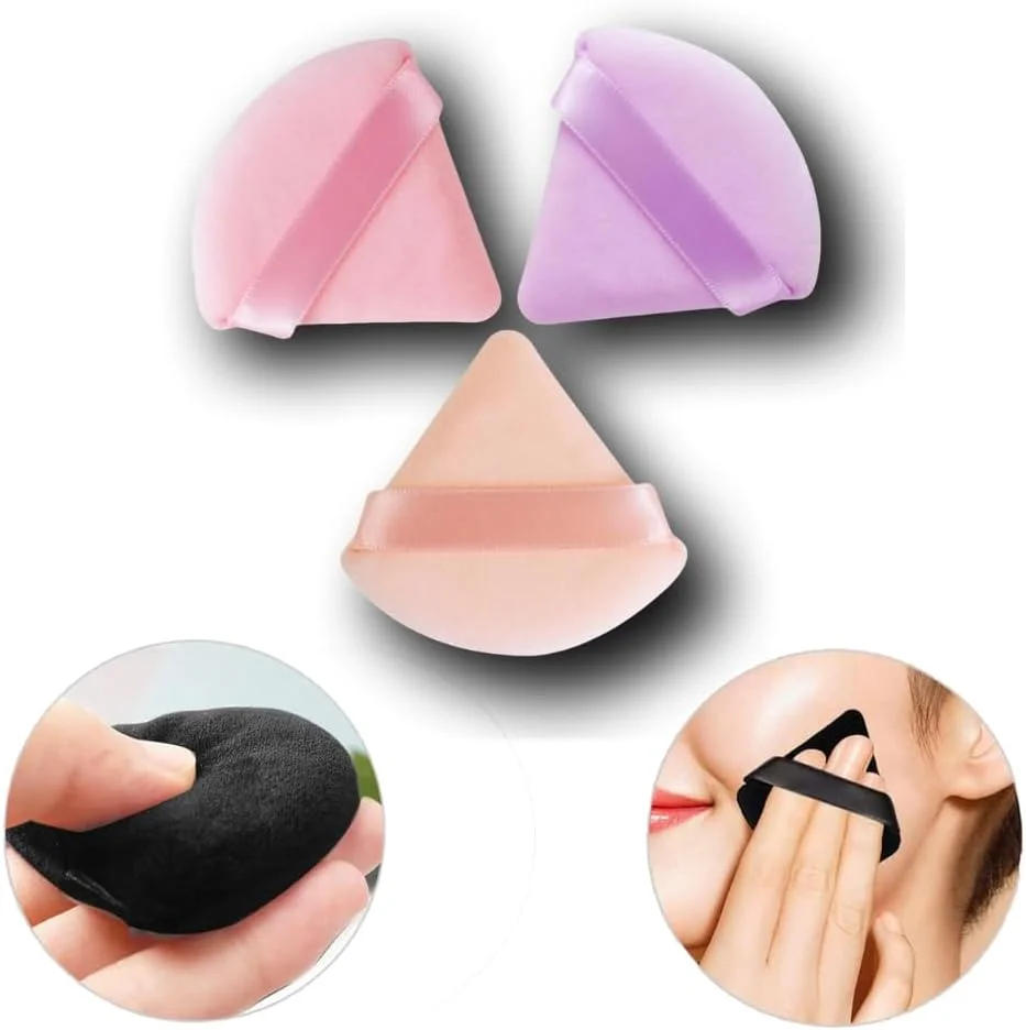 پدهای آرایشی مثلثی Beyond Basics، پودر پاف، اسفنج آرایشی پنبه ای نرم، اسفنج پودر صورت قابل استفاده مجدد با بند برای پودر فیکس، صورتی، صورتی روشن و بنفش. (بسته 3 عددی)