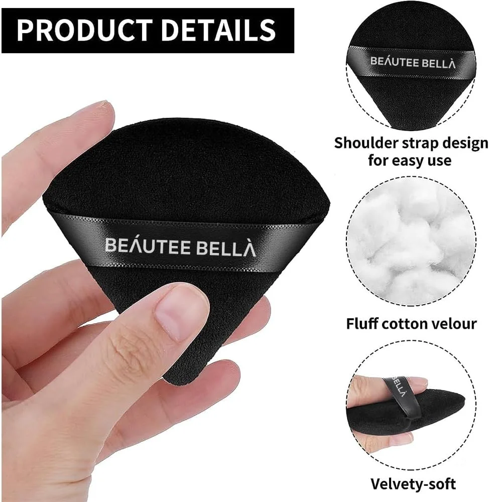 بیوتی بلا | پد پودری مثلثی آرایشی 2 عددی، پد نرم اسفنجی لوازم آرایشی، اسفنج پودر آرایشی قابل استفاده مجدد با بند برای پودر فیکس، کرم پودر، گوشه چشم، آرایش مرطوب و خشک (مشکی)