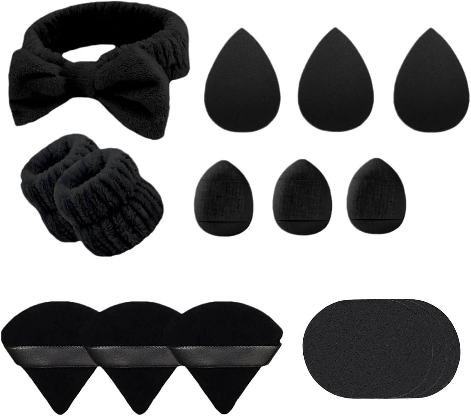 ست 15 تکه پد پودر آرایشی مثلثی صورت، هدبند و مچ بند شستشو و آرایش، پد مخملی پودر فیکس، اسفنج مخلوط کن کرم پودر، ابزار آرایشی مشکی