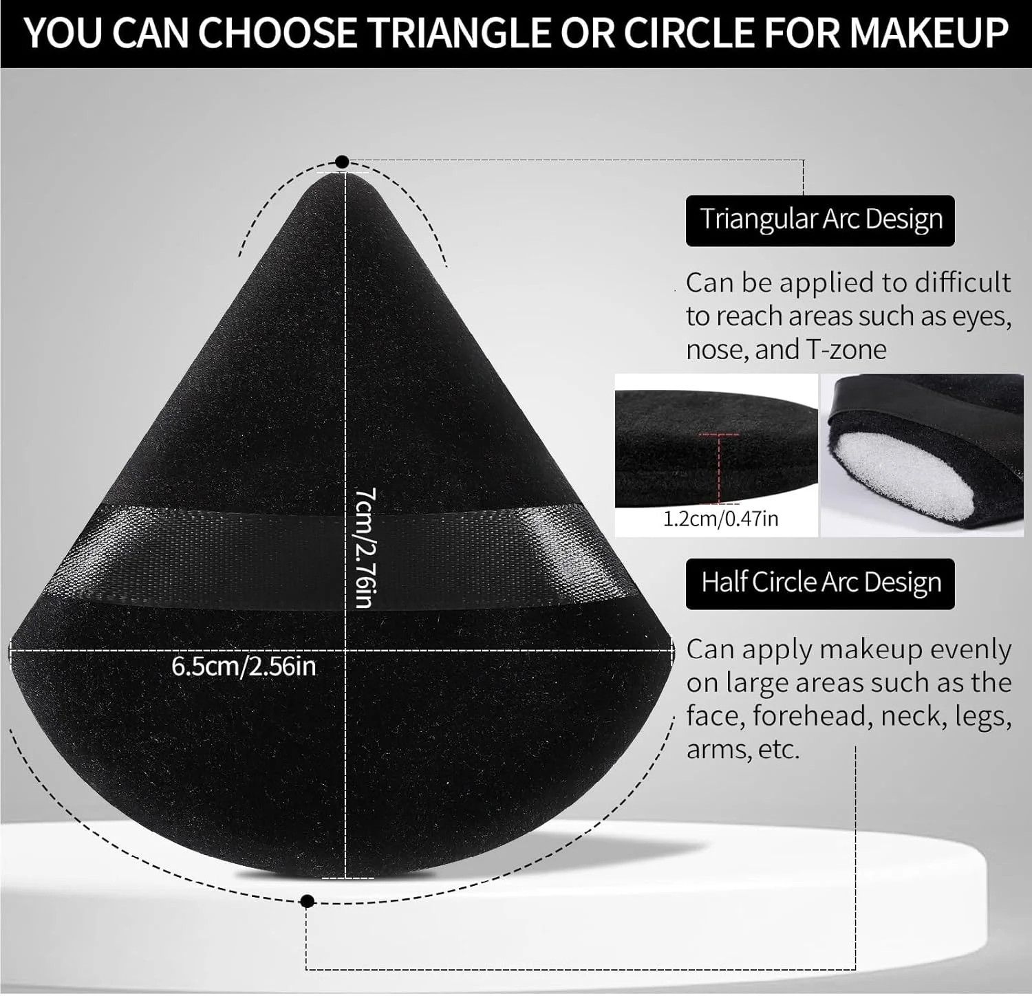 پدهای آرایشی مثلثی 12 عددی، پدهای مخملی نرم برای پودر فیکس، کرم پودر، رژگونه و تثبیت کننده، اپلیکاتور صورت قابل استفاده مجدد به صورت خشک و مرطوب با بند (مشکی)