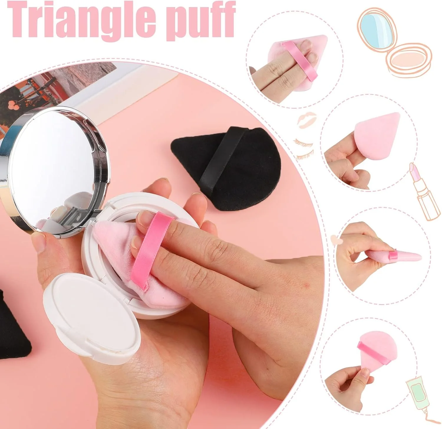 2 عدد پد پودر آرایشی صورت، پدهای پودری مثلثی مخملی نرم، مناسب برای پودر فیکس (مشکی، صورتی)