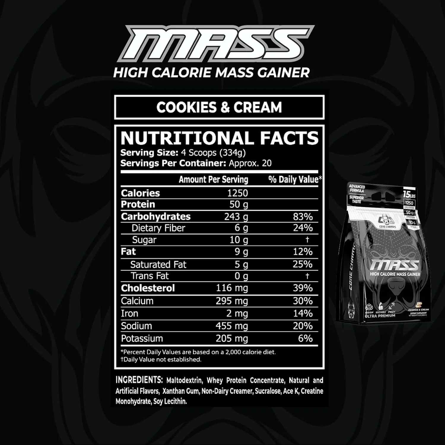 مکمل افزایش وزن CORE CHAMPS MASS - طعم کوکی و خامه 15 پوندی | مخلوط پروتئین وی برای افزایش حجم و قدرت | 1250 کالری، 50 گرم پروتئین، فرمول غنی شده با BCAA | 1250 کالری | 50 گرم پروتئین | 10 گرم BCAA مکمل افزایش وزن CORE CHAMPS MASS - طعم کوکی و خامه 15 پوندی | مخلوط پروتئین وی برای افزایش حجم و قدرت | 1250 کالری، 50 گرم پروتئین، فرمول غنی شده با BCAA | 1250 کالری | 50 گرم پروتئین | 10 گرم BCAA