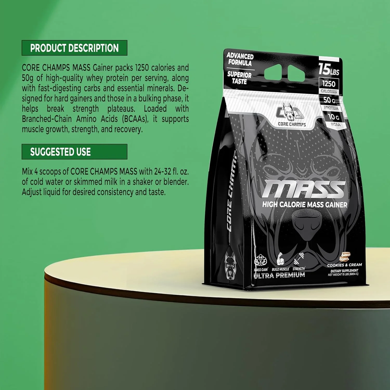 مکمل افزایش وزن CORE CHAMPS MASS - طعم کوکی و خامه 15 پوندی | مخلوط پروتئین وی برای افزایش حجم و قدرت | 1250 کالری، 50 گرم پروتئین، فرمول غنی شده با BCAA | 1250 کالری | 50 گرم پروتئین | 10 گرم BCAA مکمل افزایش وزن CORE CHAMPS MASS - طعم کوکی و خامه 15 پوندی | مخلوط پروتئین وی برای افزایش حجم و قدرت | 1250 کالری، 50 گرم پروتئین، فرمول غنی شده با BCAA | 1250 کالری | 50 گرم پروتئین | 10 گرم BCAA