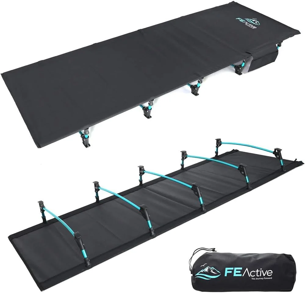 FE Active - Compact folding bed made of full aluminium, ultra-light, comfortable for sleeping, portable camping bed for camping, hiking, trekking, backpacking, designed in California
