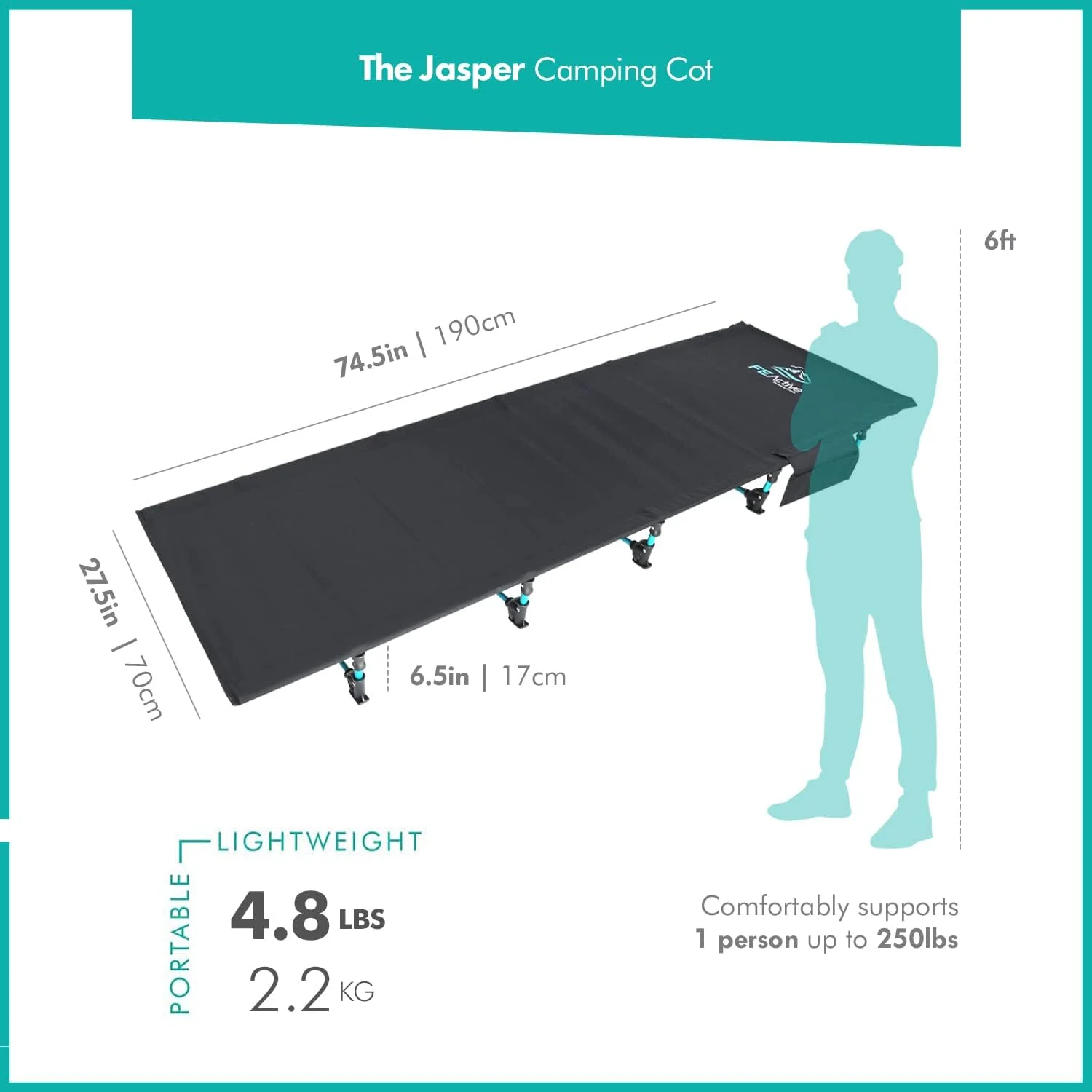 FE Active - Compact folding bed made of full aluminium, ultra-light, comfortable for sleeping, portable camping bed for camping, hiking, trekking, backpacking, designed in California