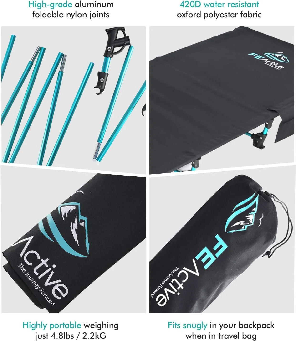FE Active - Compact folding bed made of full aluminium, ultra-light, comfortable for sleeping, portable camping bed for camping, hiking, trekking, backpacking, designed in California