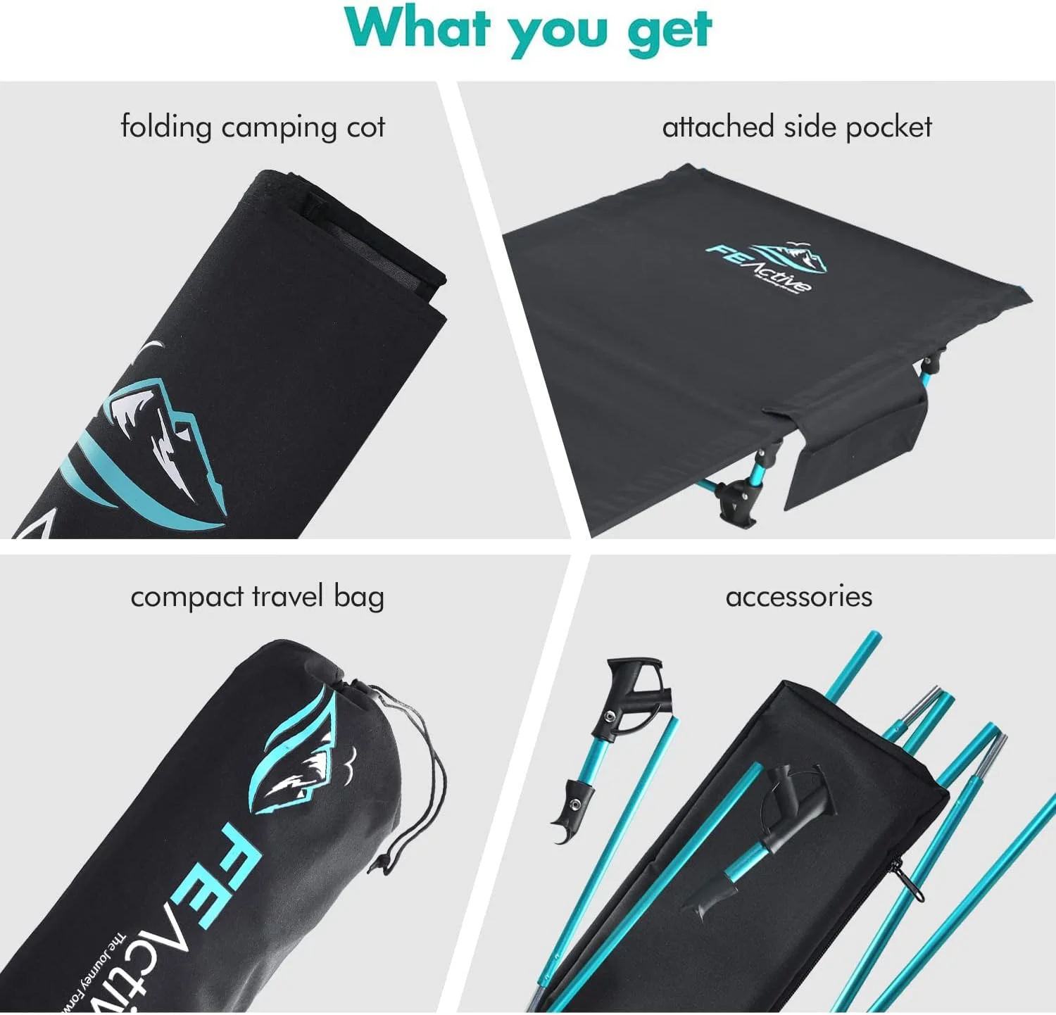 FE Active - Compact folding bed made of full aluminium, ultra-light, comfortable for sleeping, portable camping bed for camping, hiking, trekking, backpacking, designed in California