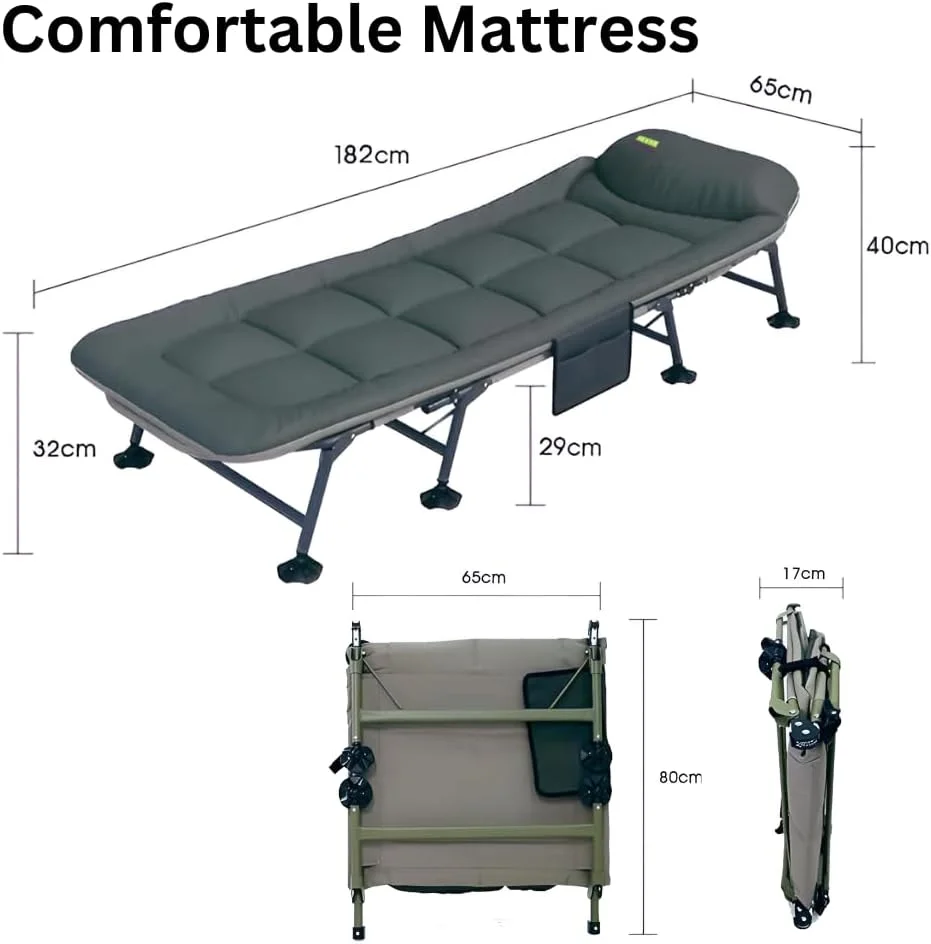 تخت تاشو کمپینگ پریمیوم HEXAR®، تخت خواب تاشو راحت با ظرفیت 160 کیلوگرم، 8 پایه، تخت قابل حمل، صندلی استراحت لوکس 6 زاویه، تشک خواب، مناسب برای فضای داخلی، فضای باز، استراحتگاه اداری، تخت ساحلی بزرگسالان (سبز تیره)