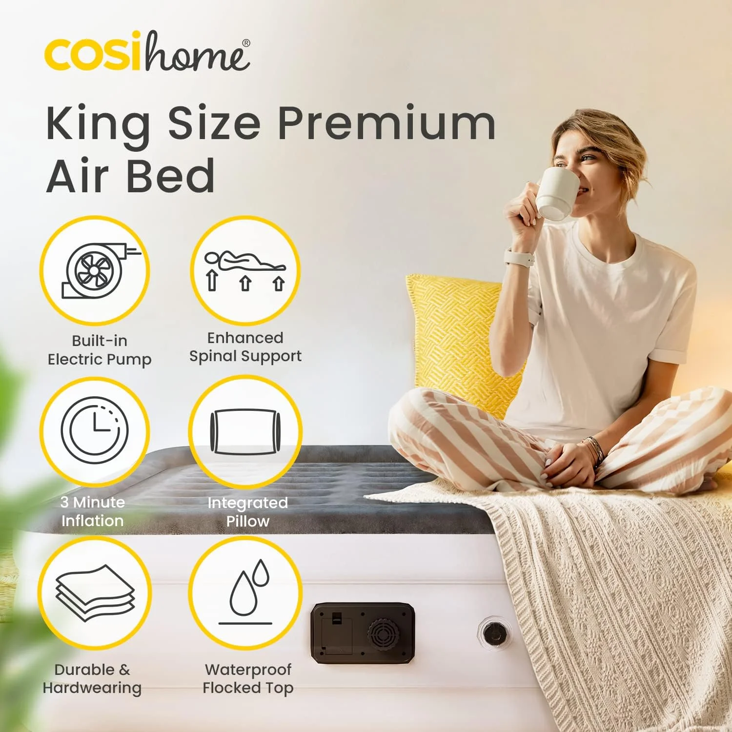 Cosi Home King Sized Air Bed - Premium King Inflatable Mattress With a Built-in Electric Pump, Integrated Raised Pillow and Storage Bag Cosi Home King Sized Air Bed - Premium King Inflatable Mattress With a Built-in Electric Pump, Integrated Raised Pillow and Storage Bag