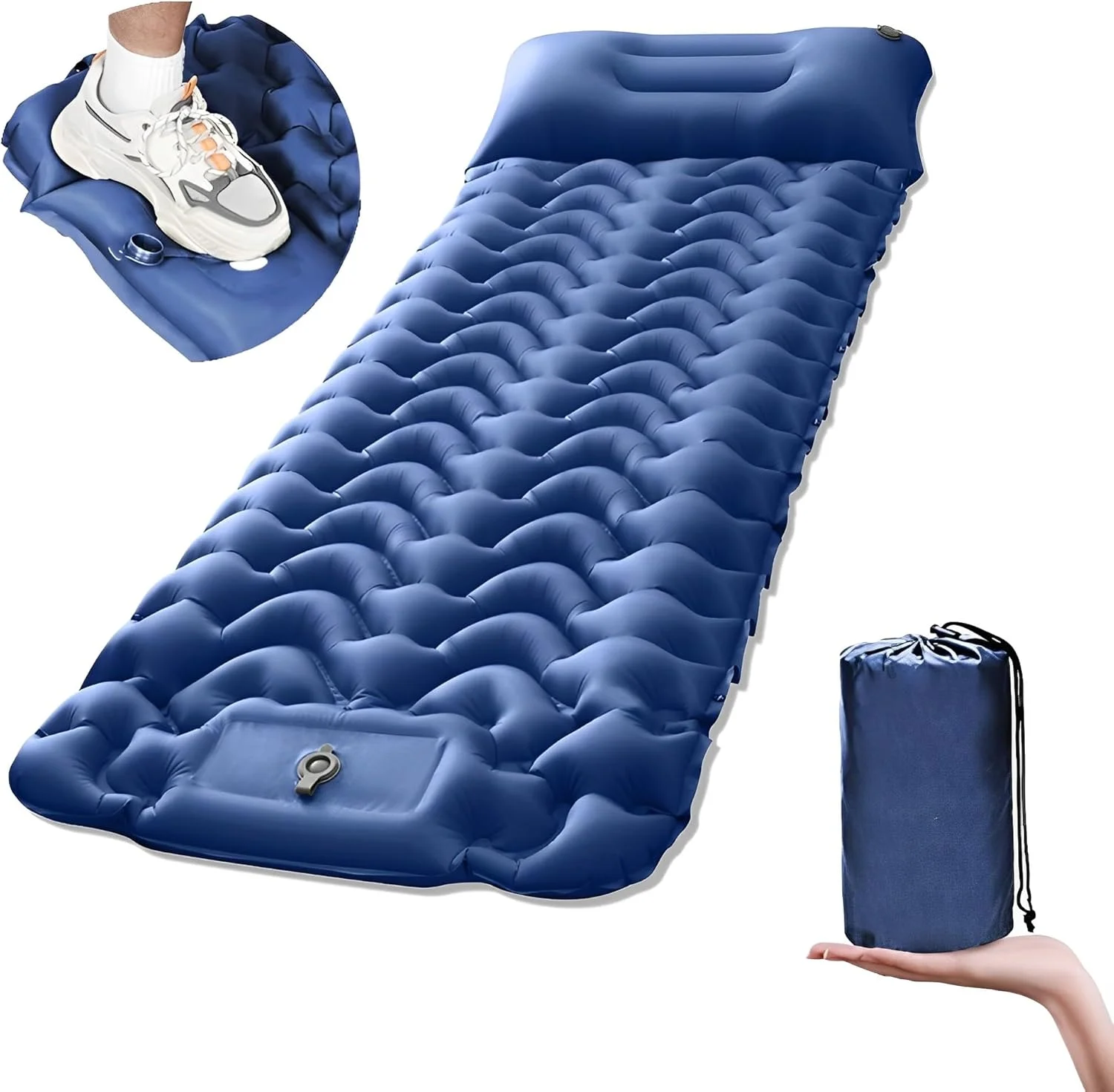 تشک بادی کمپینگ Beauenty، زیرانداز کمپینگ فوق سبک با پمپ پایی داخلی و بالش، تشک بادی کمپینگ جمع و جور، تشک بادی برای پیاده روی، چادر، ساحل (آبی)