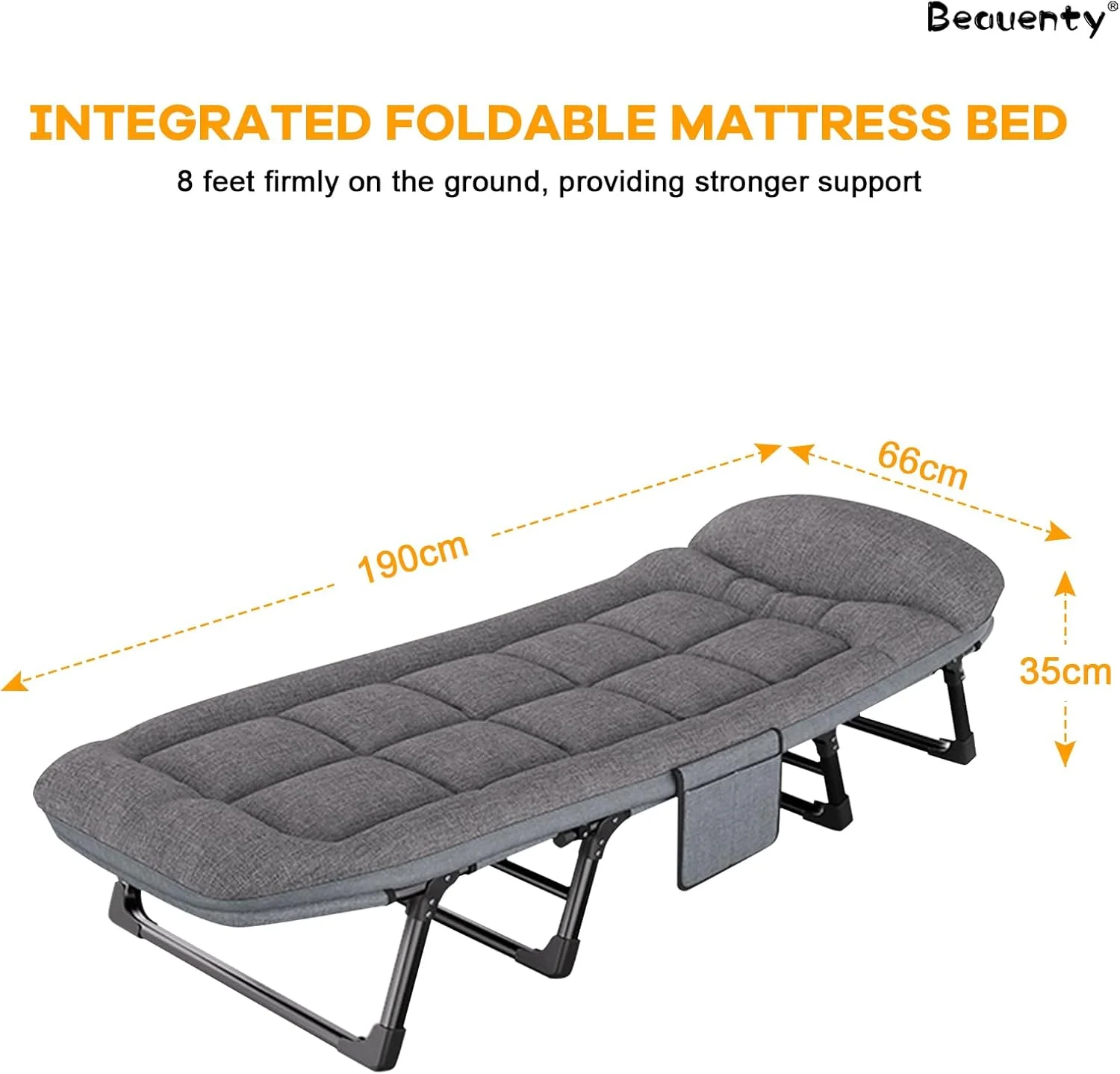 Beauenty Premium Camping Cot Comfortable Folding Bed with Mattress - 8 Legs,160 KG Load-Bearing Portable Recliner for Indoor/Outdoor with Mattress,Office Lounger, Adult Beach Bed（190 * 66 * 35cm）