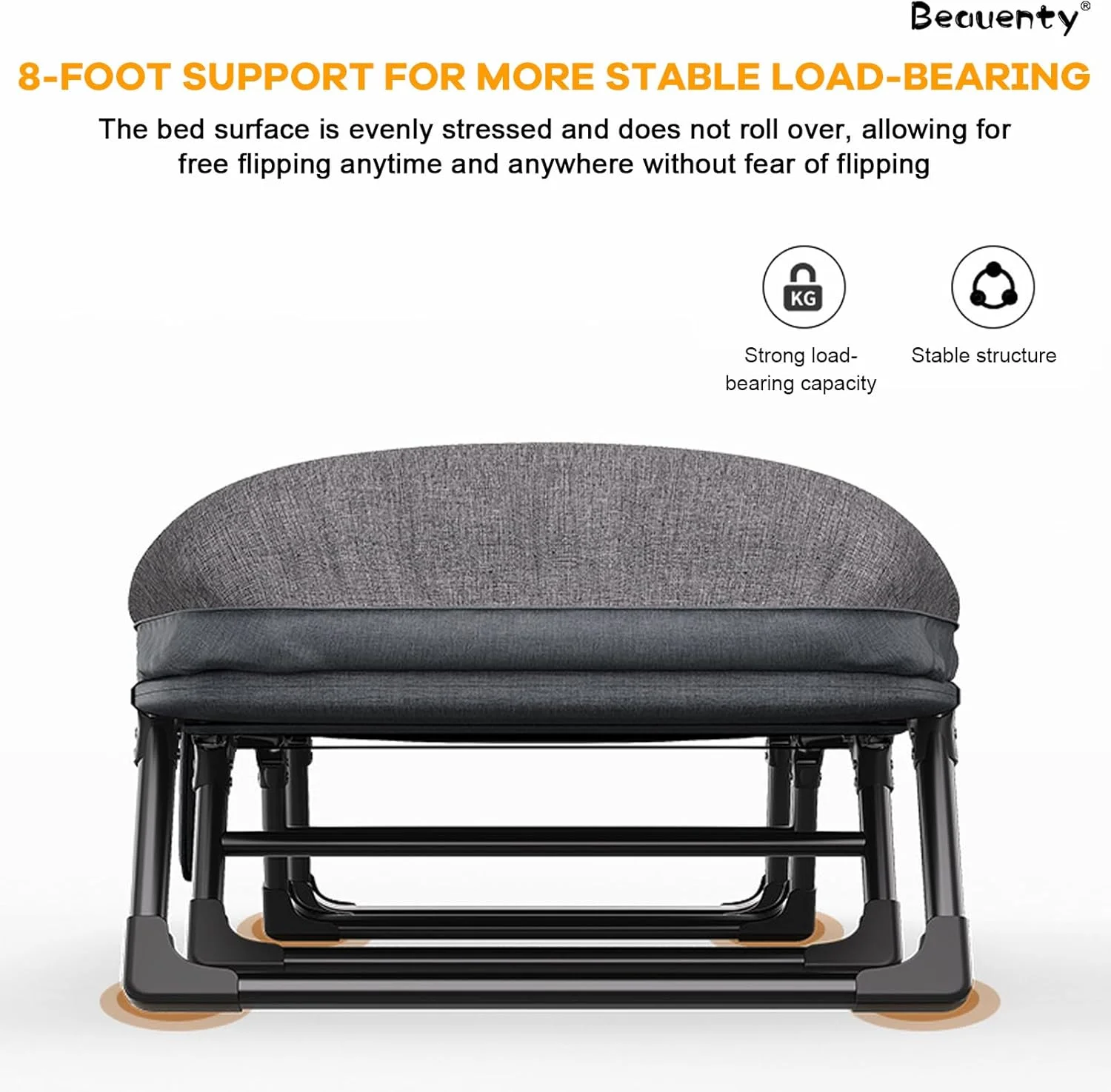Beauenty Premium Camping Cot Comfortable Folding Bed with Mattress - 8 Legs,160 KG Load-Bearing Portable Recliner for Indoor/Outdoor with Mattress,Office Lounger, Adult Beach Bed（190 * 66 * 35cm）