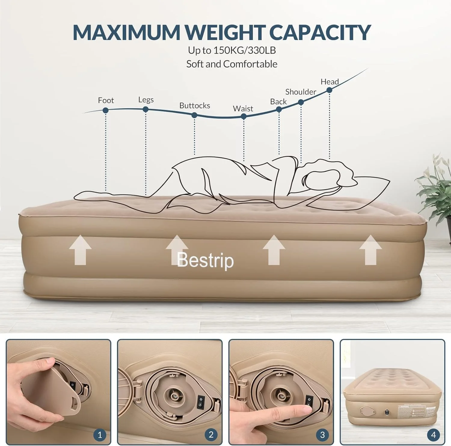 تشک بادی یک نفره بستریپ با پمپ داخلی قابل شارژ، تخت بادی 40 سانتی متری با قابلیت باد شدن خودکار برای کمپینگ، منزل و مهمان