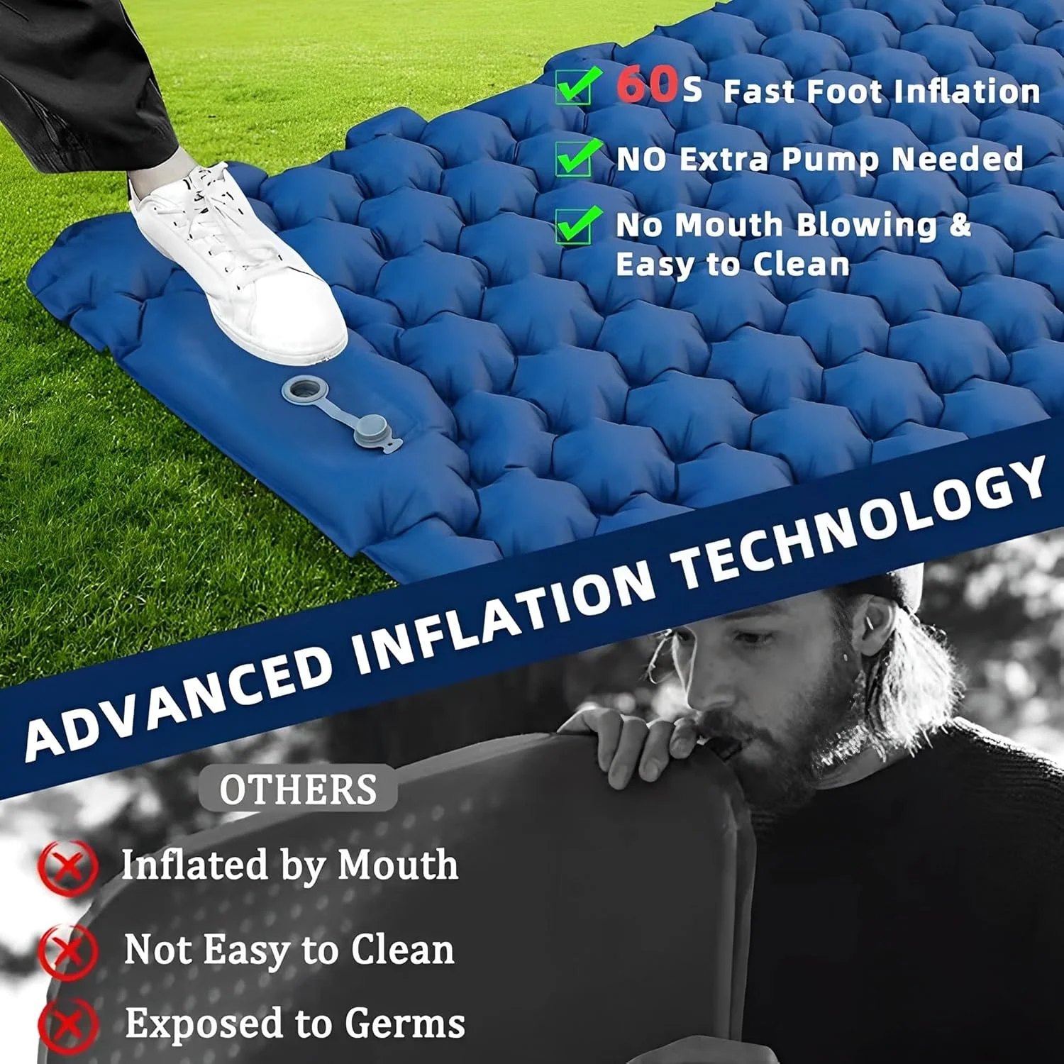 تشک بادی کمپینگ Beauenty، زیرانداز کمپینگ فوق سبک با پمپ پایی داخلی و بالش، تشک بادی کمپینگ جمع و جور، تشک بادی برای پیاده روی، چادر، ساحل (آبی)