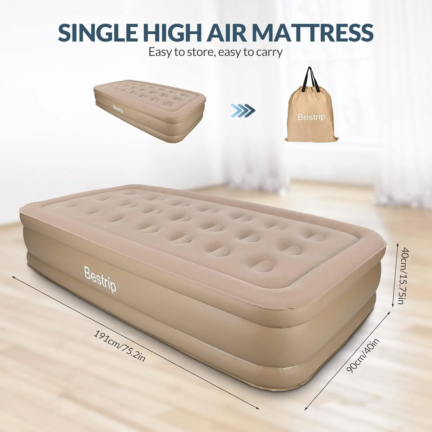 تشک بادی یک نفره بستریپ با پمپ داخلی قابل شارژ، تخت بادی 40 سانتی متری با قابلیت باد شدن خودکار برای کمپینگ، منزل و مهمان