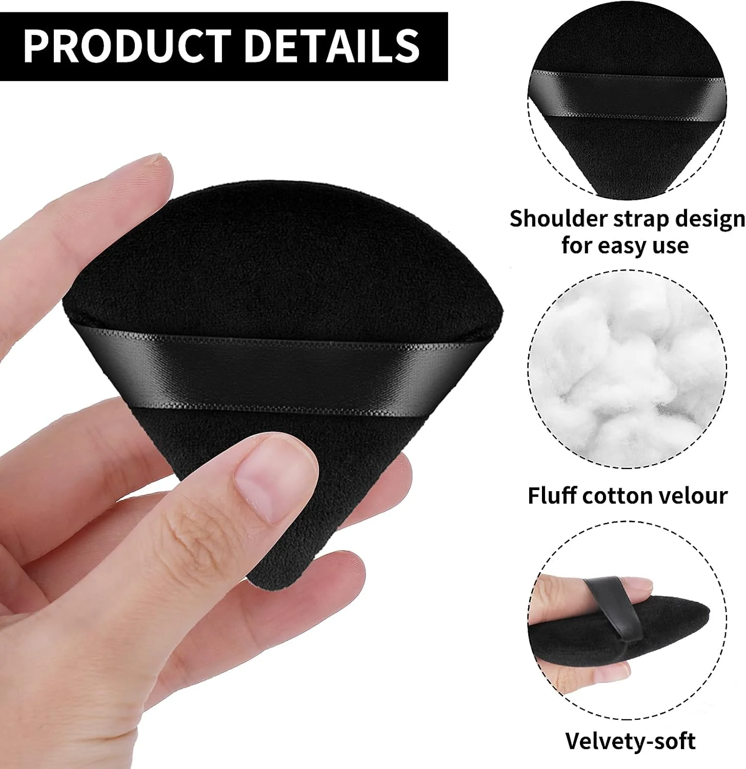 پدهای آرایشی مثلثی مولین رنگ خاکی، 2 عددی، پد پودر نرم، اسفنج آرایشی قابل استفاده مجدد با بند برای پودر فیکس، فونداسیون، گوشه چشم، آرایش مرطوب و خشک (مشکی)