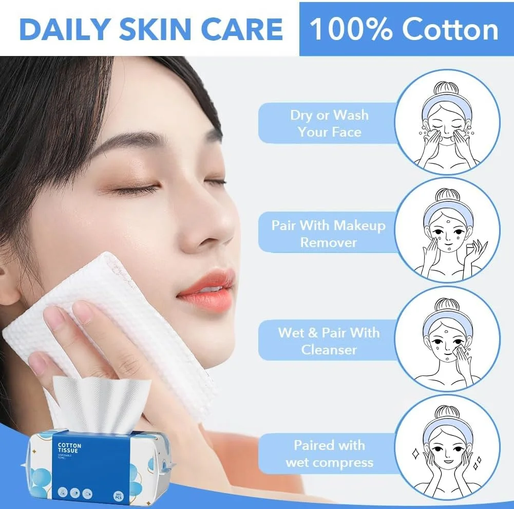 دستمال صورت یکبار مصرف 100 عددی، دستمال های پاک کننده صورت زیست تخریب پذیر، پارچه فوق العاده نرم و ضخیم برای پوست های حساس، پاک کننده آرایش و مراقبت از پوست، دستمال مرطوب بدون پرز برای پاکسازی