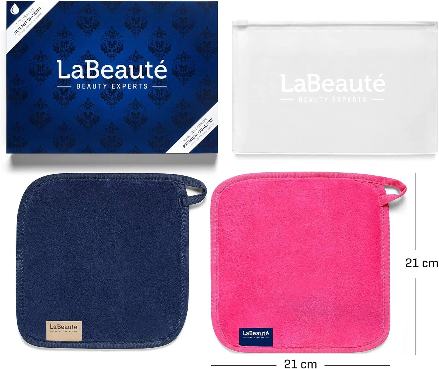 دستمال مرطوب پاک کننده آرایش لابهاتیو میکروفایبر (بسته 2 عددی، 21 x 21 سانتی متر) پدهای پاک کننده آرایش قابل شستشو و استفاده مجدد، پدهای آرایشی میکروفایبر، برای پاکسازی صورت و پاک کردن آرایش (آبی تیره و صورتی)