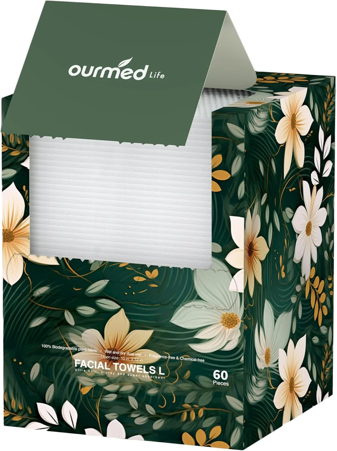 دستمال صورت یکبار مصرف Ourmed Life، پارچه شستشوی صورت تمیز و بدون پرز، دستمال مرطوب خشک تجزیه پذیر، دستمال های پاک کننده آرایش و مراقبت از پوست برای پوست های حساس (بدون عطر، 60 عدد، بسته 1 عددی)
