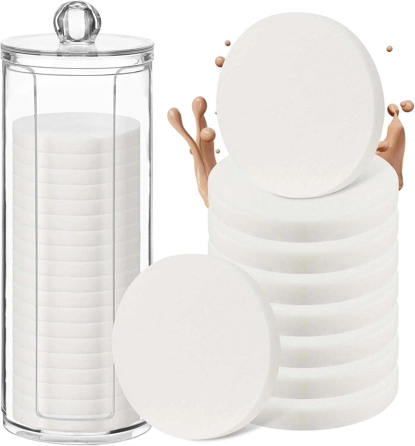 پد آرایشی گرد دندات 20 عددی با محفظه اکریلیک، پد پودر فشرده، اسفنج آرایشی، پد فوم گرد، بلندر پودر فونداسیون آرایش صورت مناسب استفاده دوگانه مرطوب و خشک (سفید)