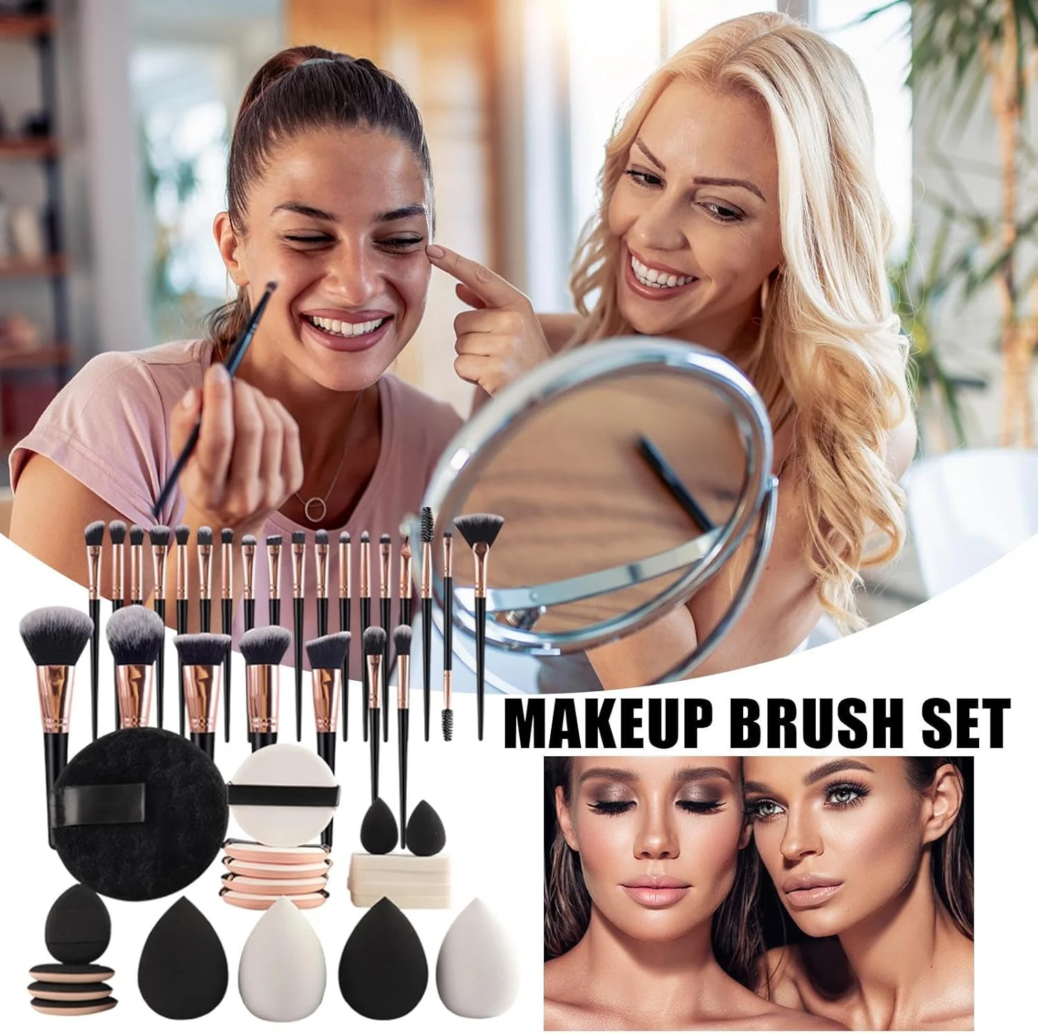 ست کامل ابزار آرایش | کیت آرایش قابل حمل 45 تکه با پد پودر برای مسافرت بانوان - لوازم آرایشی برای سفر تجاری، مدرسه و فضای باز