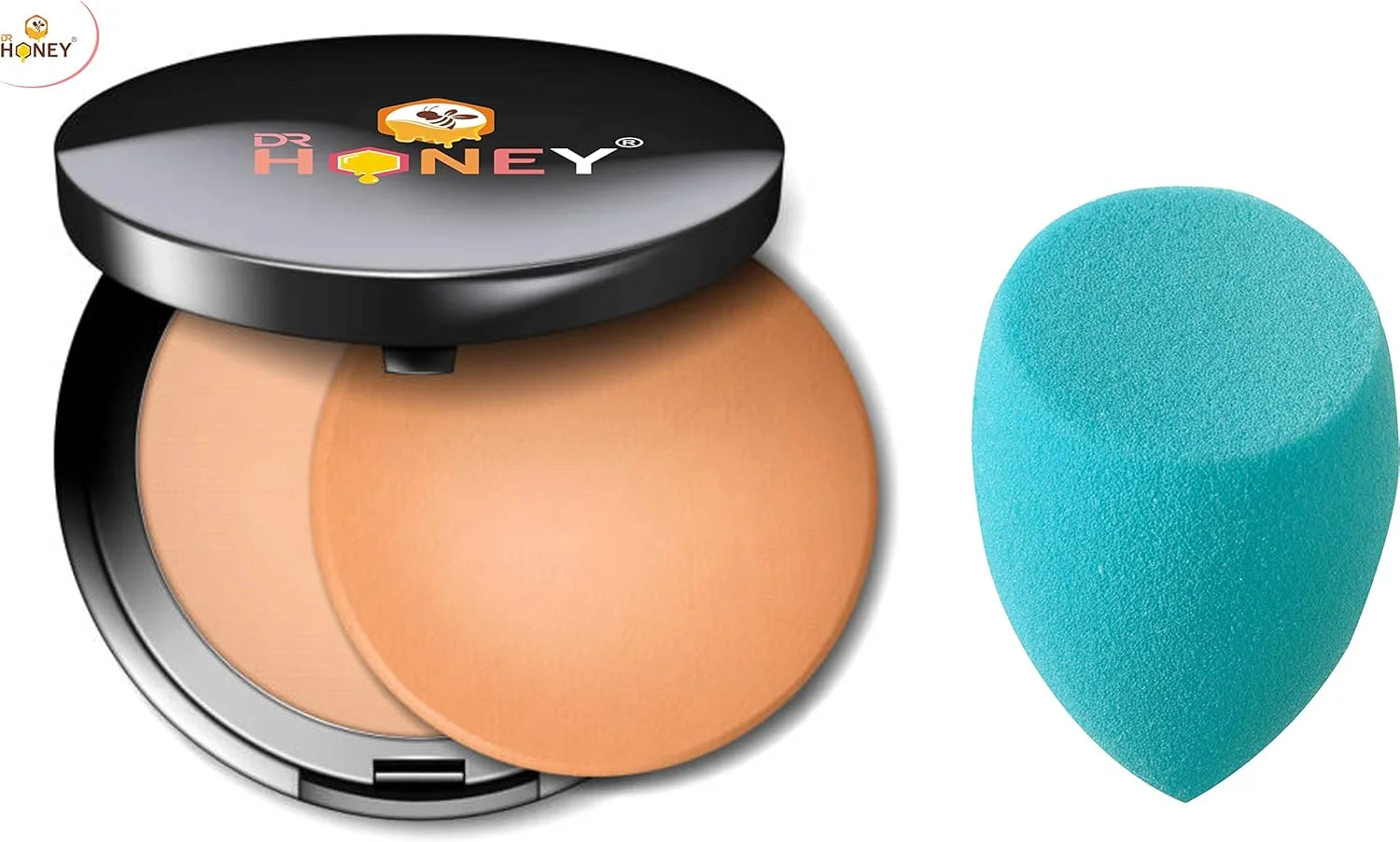 پودر فشرده DR HONEY با پوشش کامل، قابلیت ترکیب، مناسب پوست نرمال تا چرب، رنگ عاجی روشن 100 به همراه پد آرایشی و اسفنج نرم