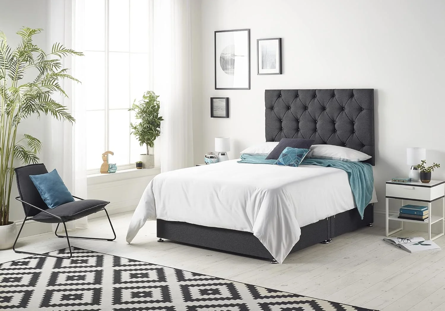 تخت دیوانی پارچه ای زغالی Premier Bed Centre با تشک فنری مموری فوم، کشو و تاج تخت (سایز یک نفره، کوچک دونفره، دونفره، کینگ، سوپر کینگ)، (کوچک دونفره، بدون کشو بدون تاج تخت)…
