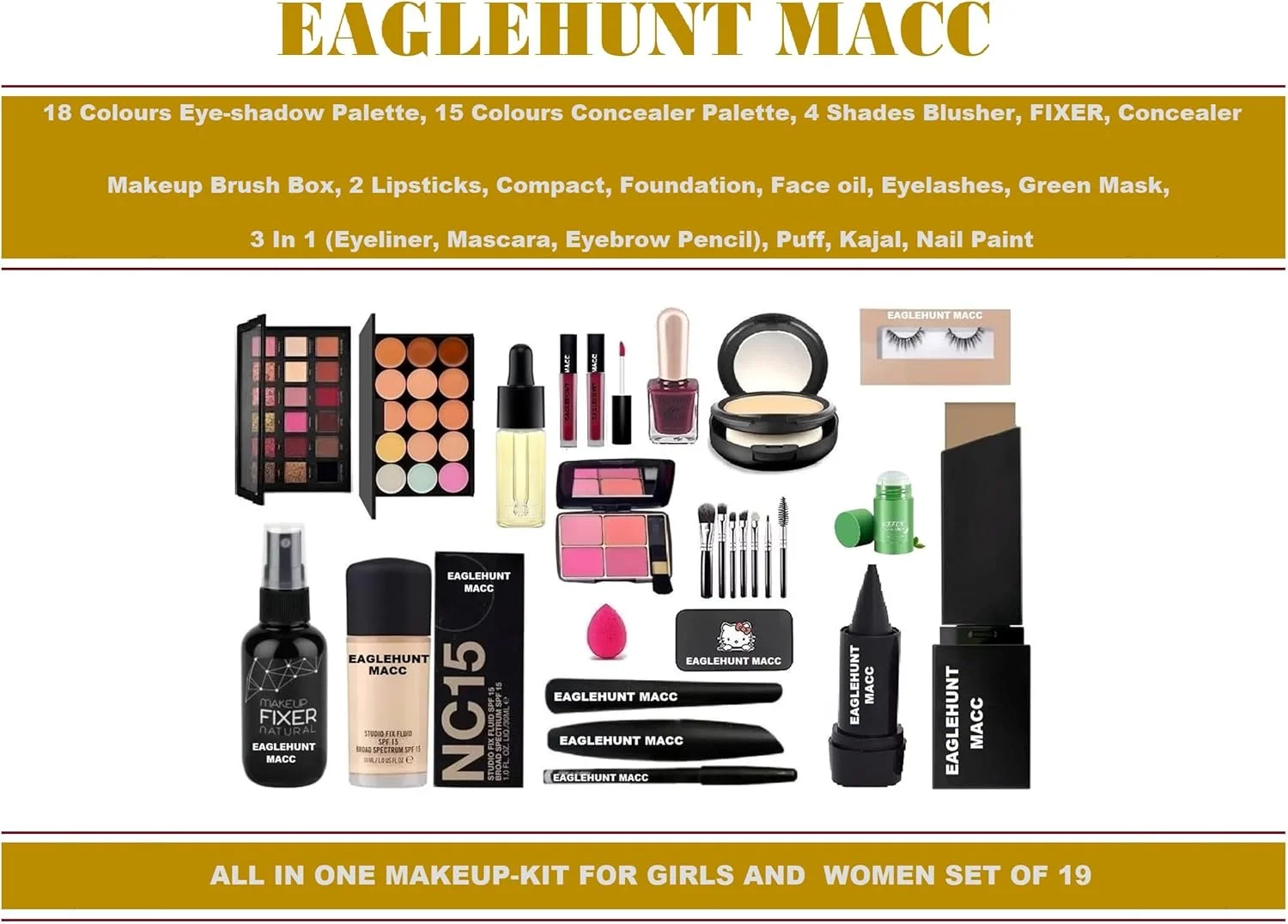 ست لوازم آرایشی کامل EAGLEHUNT MACC Combo برای دختران، مجموعه 19 عددی شامل فیکساتور، کرم پودر، 3 در 1، اسفنج، براش آرایشی، رژگونه 4 رنگ، سرمه، ماسک سبز، مژه مصنوعی، کانسیلر استیکی، پودر فشرده 2 در 1 ست لوازم آرایشی کامل EAGLEHUNT MACC Combo برای دختران، مجموعه 19 عددی شامل فیکساتور، کرم پودر، 3 در 1، اسفنج، براش آرایشی، رژگونه 4 رنگ، سرمه، ماسک سبز، مژه مصنوعی، کانسیلر استیکی، پودر فشرده 2 در 1