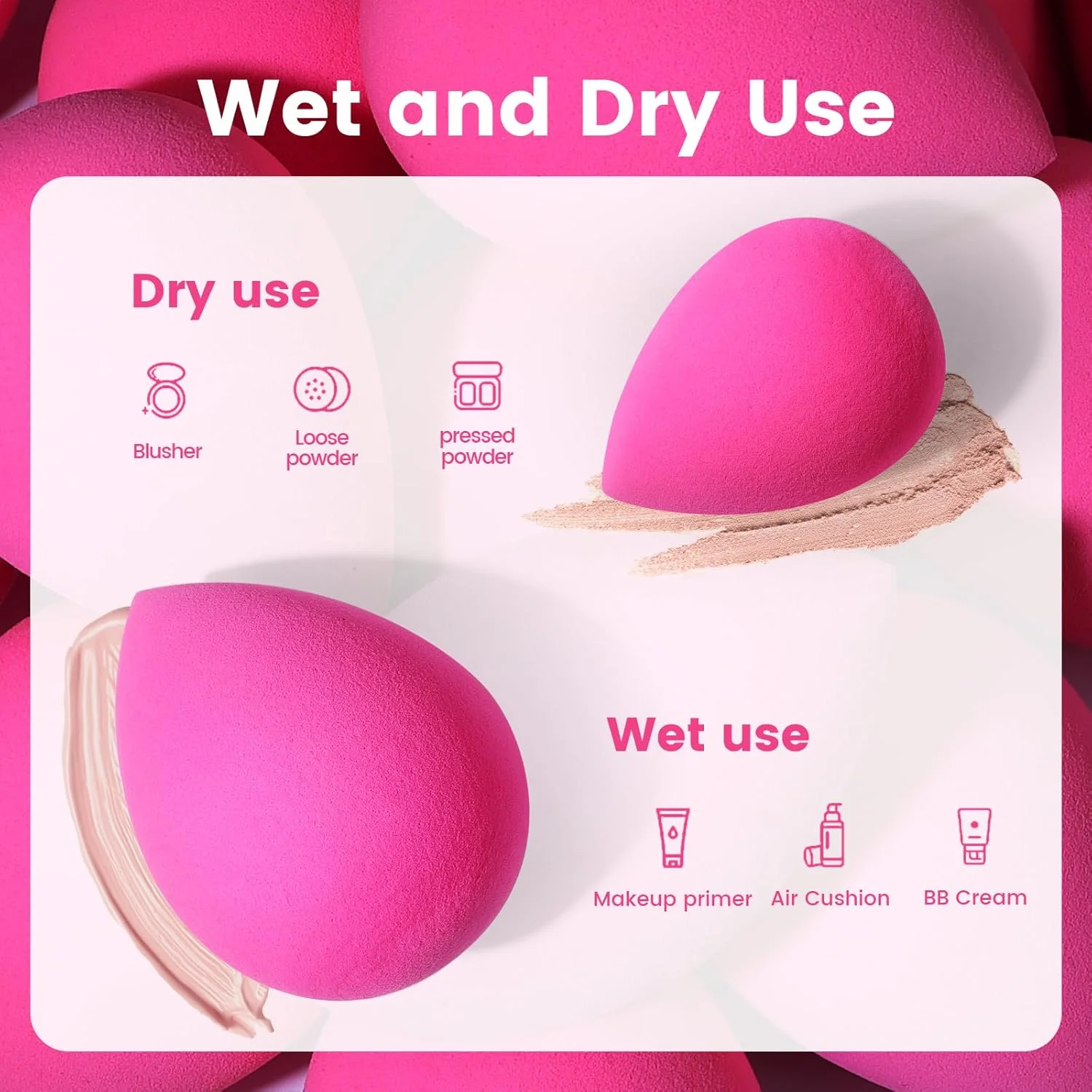 اسفنج آرایشی 5 عددی BEAKEY، اسفنج زیبایی بدون لاتکس برای استفاده بی نقص از مایع، کرم و پودر، اسفنج های صورتی رزی