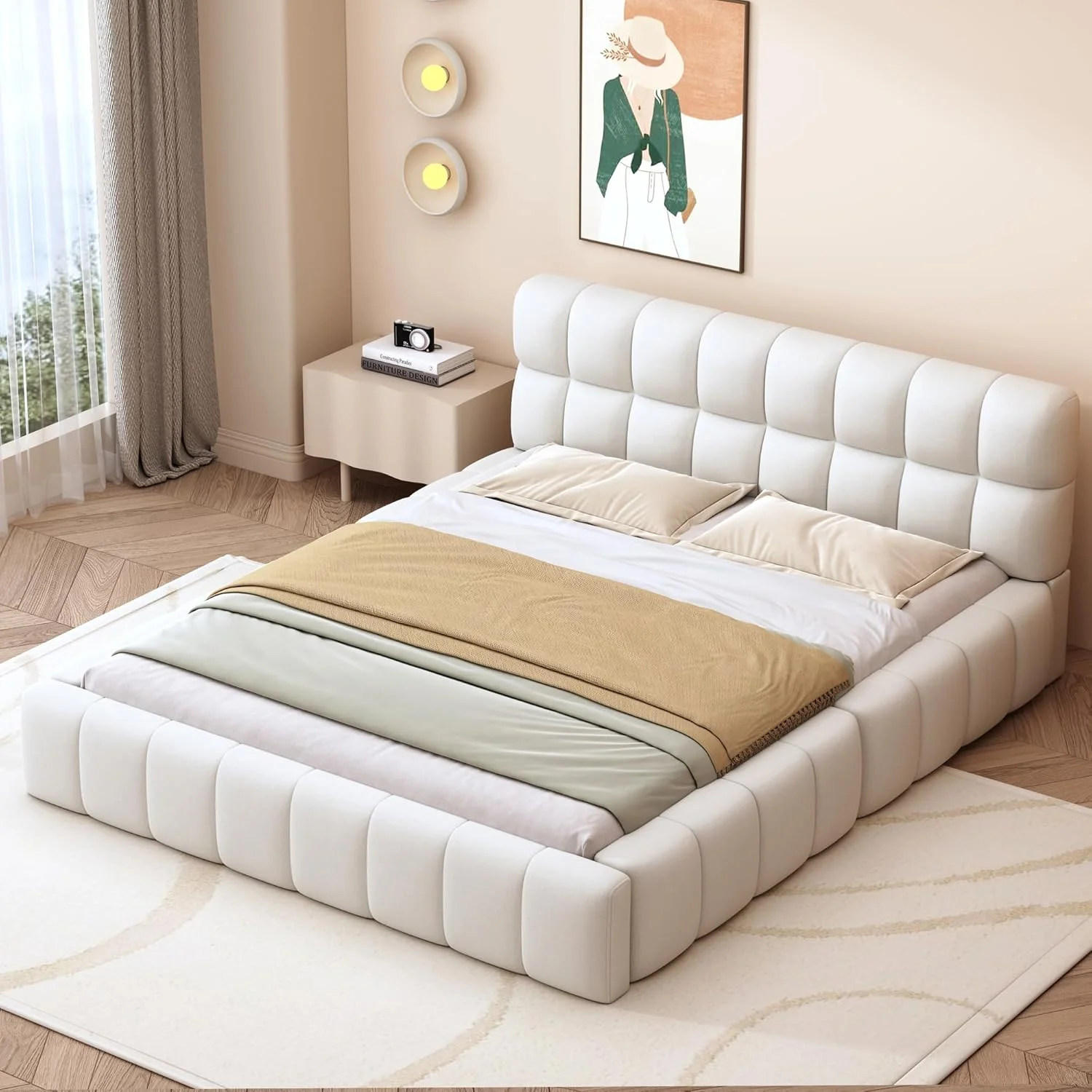 تخت خواب روکش دار 140x200 سانتی متر، تخت جوانان، تخت خواب دو نفره با پشتی نرم، تخت خواب صاف با حاشیه روکش دار (بژ)