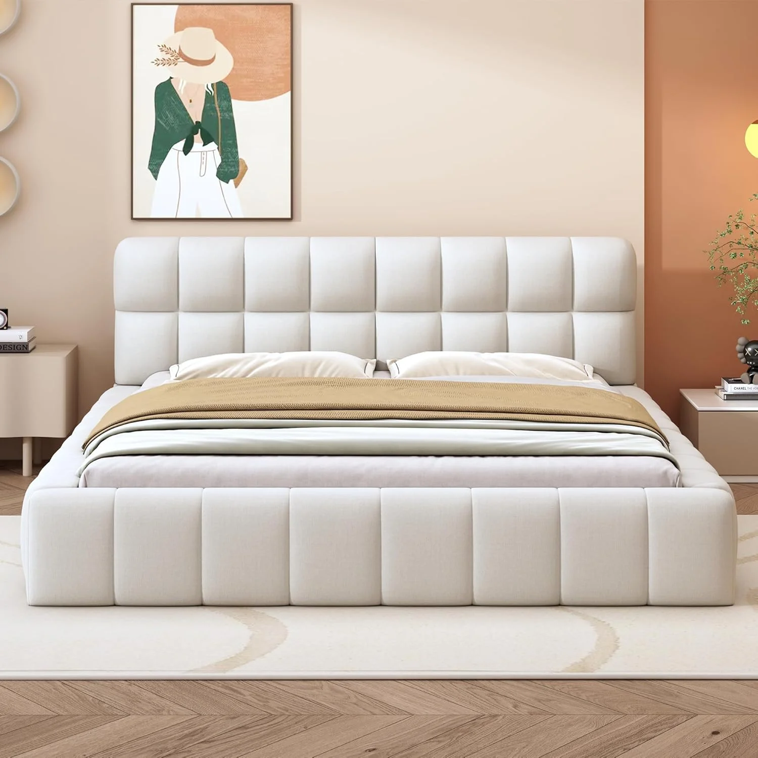 تخت خواب روکش دار 140x200 سانتی متر، تخت جوانان، تخت خواب دو نفره با پشتی نرم، تخت خواب صاف با حاشیه روکش دار (بژ) تخت خواب روکش دار 140x200 سانتی متر، تخت جوانان، تخت خواب دو نفره با پشتی نرم، تخت خواب صاف با حاشیه روکش دار (بژ)