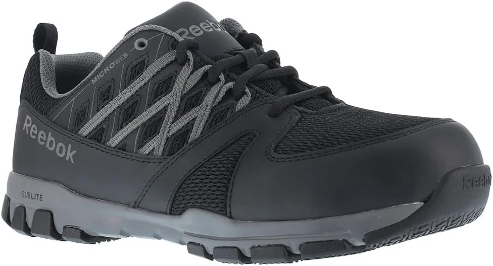 کفش کار مردانه ریباک مدل Rb4015 Sublite Work Athletic Soft Toe، مشکی با تریم خاکستری، بوت نظامی و تاکتیکی