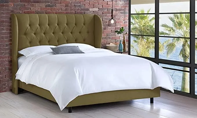 تخت خواب دو نفره مدل "کامیلا" با تاج بالدار دکمه دار R2R FURNITURE (سایز 140x200 سانتی متر) (سبز، مخمل)