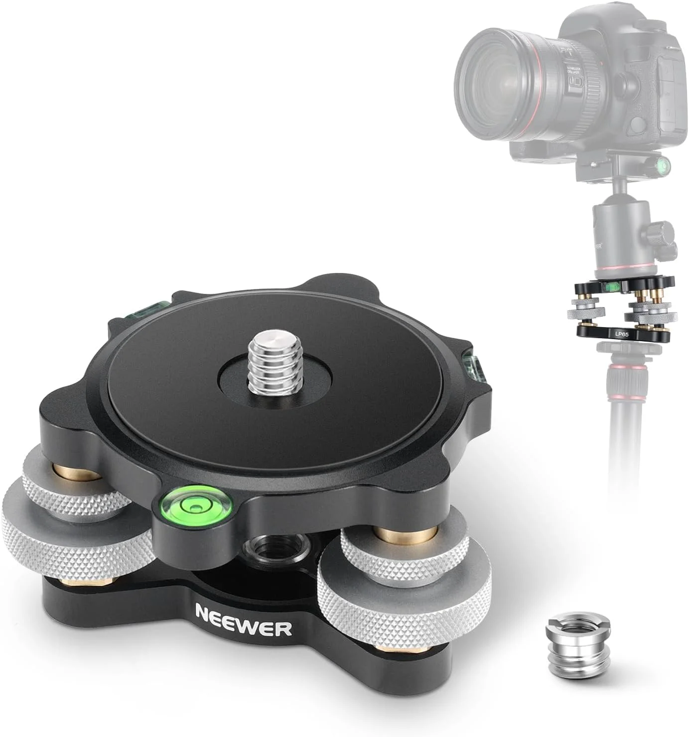 پایه تراز سه محوره سر سه پایه دوربین Neewer، سر فلزی چرخ دار با ترازهای حبابی، پیچ و رزوه 3/8 اینچی، تنظیم زاویه دقیق +/-9 درجه برای عکاسی پانوراما ماکرو، حداکثر بار 15 کیلوگرم، LP65