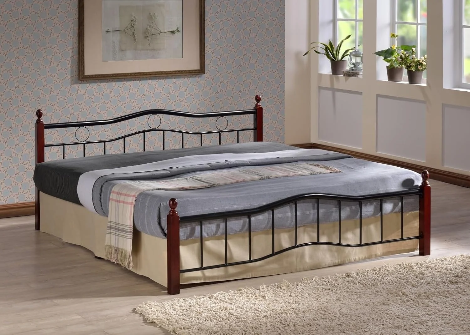 تخت خواب چوب و فلز محمد عظیم فرنیچر مدل MAF-6888 سایز کوئین 190x150 با پایه های چوبی قهوه ای گیلاسی