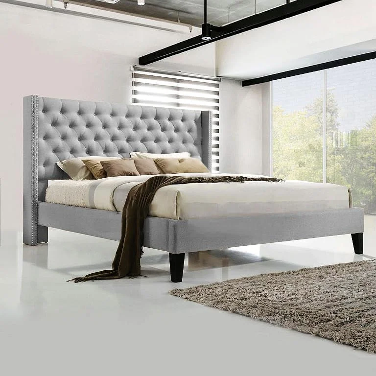 تخت خواب پارچه ای دکمه دار کارناک آرین، مبلمان اتاق خواب، تخت خواب محکم و راحت با نصب رایگان، سایز (90x200cm, خاکستری)