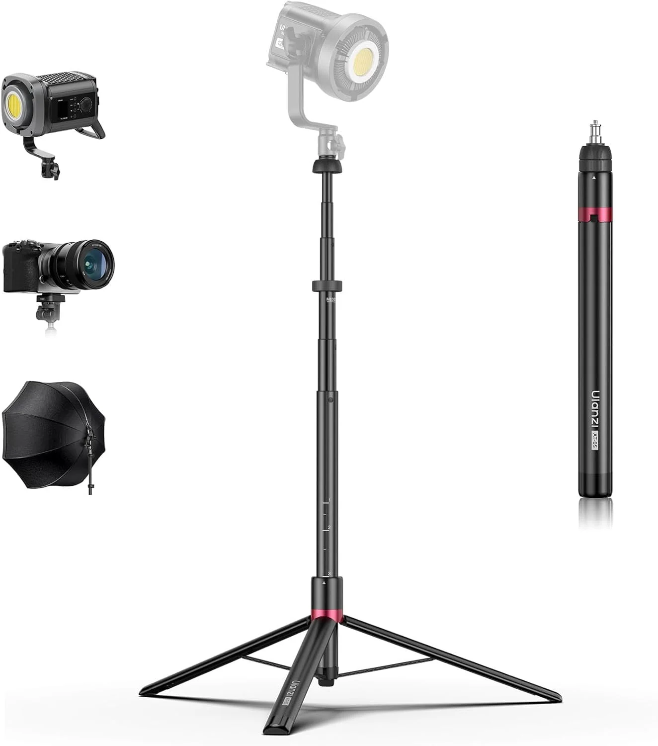 ULANZI AT-05 2M Heavy Duty Foldable Light Stand, 6.56ft Extendable Tripod for Strobe Lights, Webcams, Cameras & Softboxes, Bearable Load up to 5kg