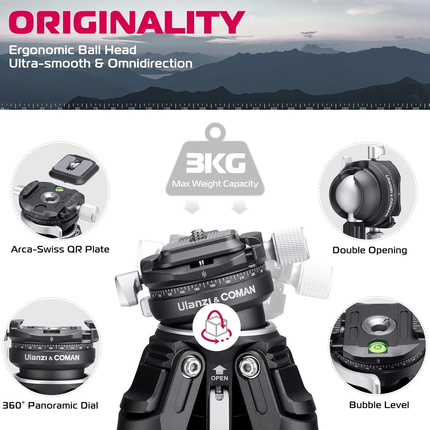 سه پایه مسافرتی ULANZI Zero Y، سه پایه دوربین کربنی با هد توپی پانوراما 360 درجه و رهاسازی سریع Arca، سه پایه عکاسی با ستون مرکزی جداشدنی، ظرفیت بار 18 کیلوگرم برای همه دوربین های DSRL سه پایه مسافرتی ULANZI Zero Y، سه پایه دوربین کربنی با هد توپی پانوراما 360 درجه و رهاسازی سریع Arca، سه پایه عکاسی با ستون مرکزی جداشدنی، ظرفیت بار 18 کیلوگرم برای همه دوربین های DSRL