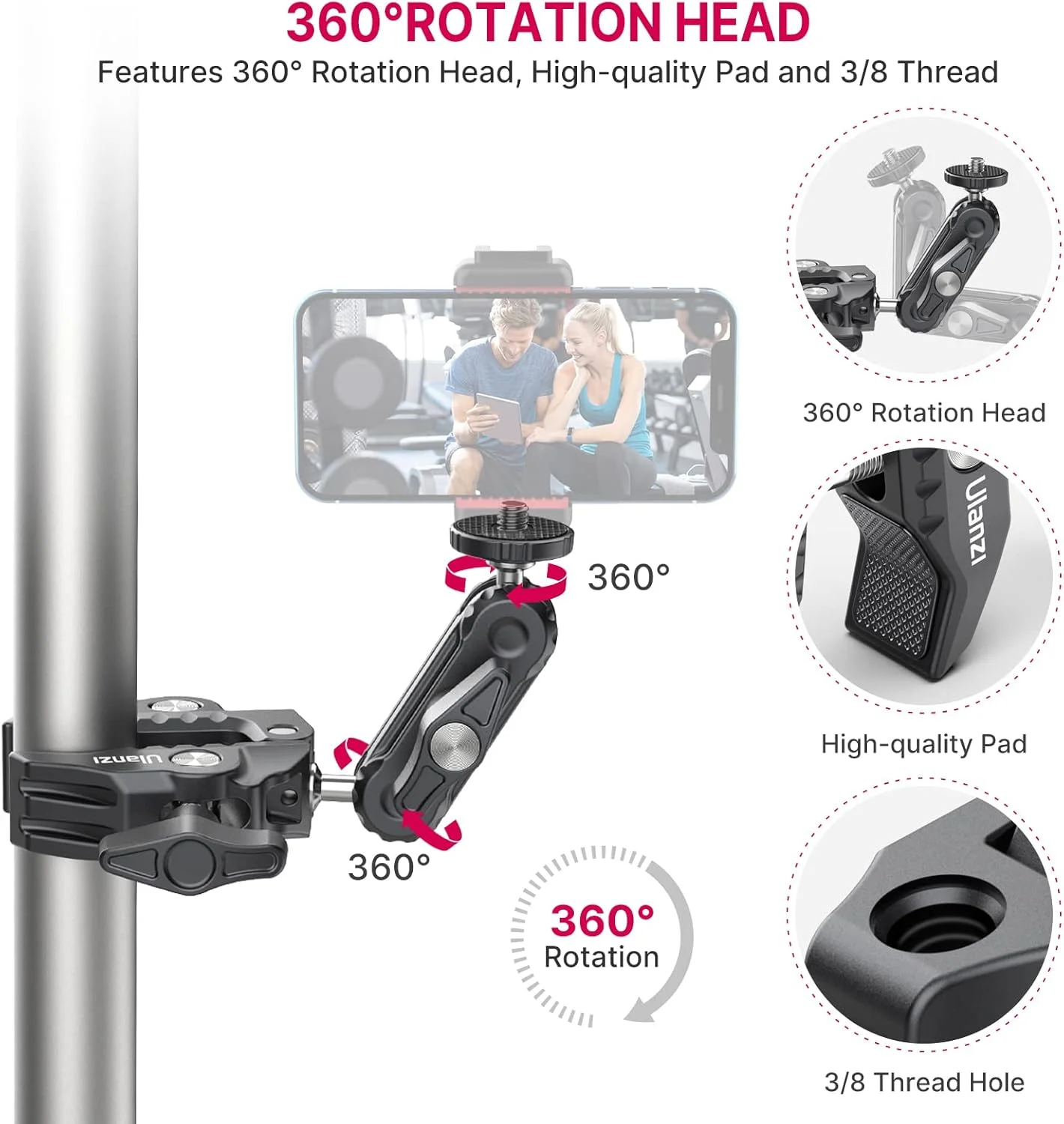 گیره سوپر دوربین ULANZI، مانت گیره دوربین مانیتور با سر توپی 360 درجه، بازوی جادویی با سر توپی دوتایی و آداپتور با رزوه 1/4 اینچ -20 و 3/8 اینچ -16، مانت سه پایه تلفن ST-07