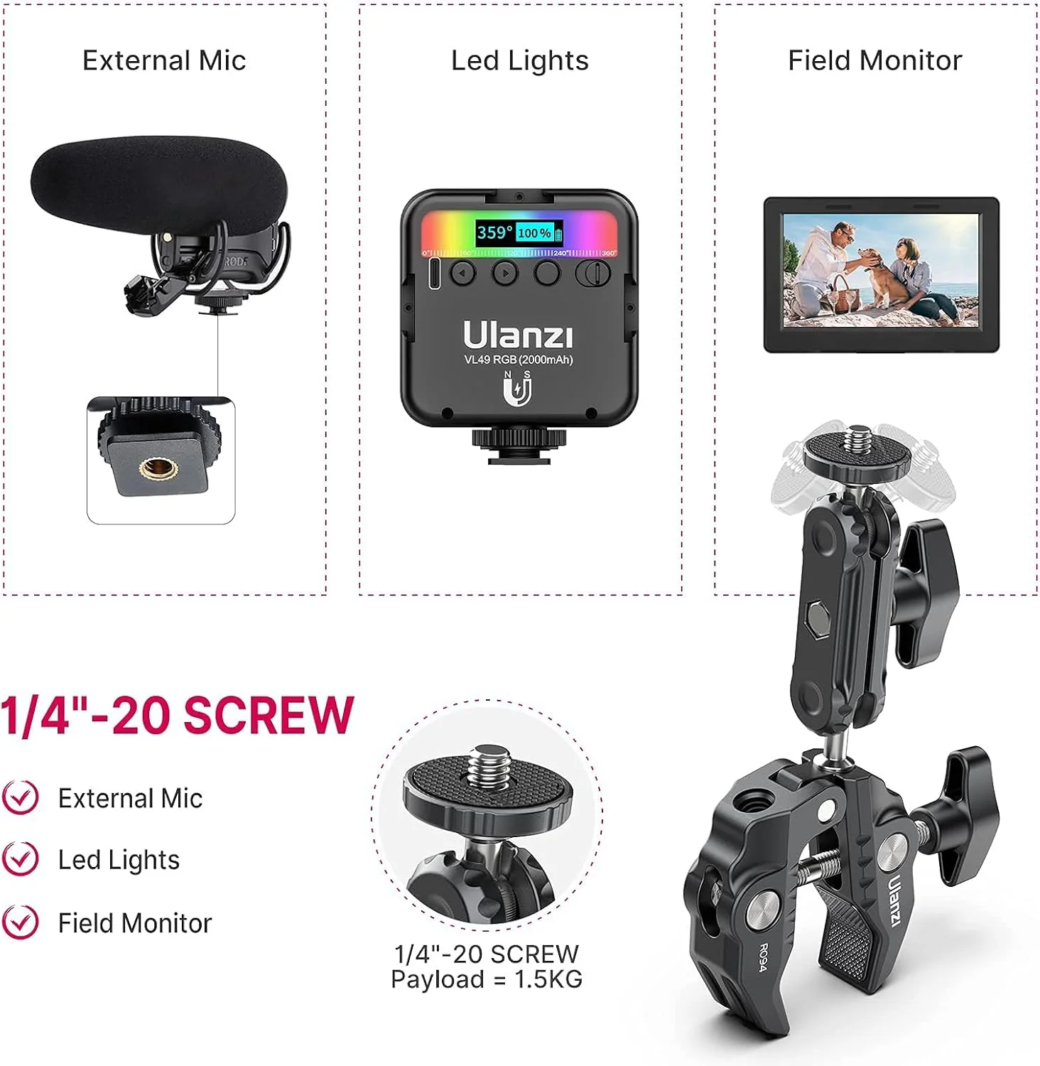 گیره سوپر دوربین ULANZI، مانت گیره دوربین مانیتور با سر توپی 360 درجه، بازوی جادویی با سر توپی دوتایی و آداپتور با رزوه 1/4 اینچ -20 و 3/8 اینچ -16، مانت سه پایه تلفن ST-07